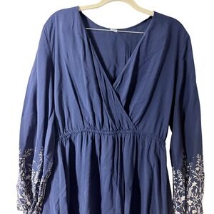 Old Navy Dress Rayon Womens Medium Blue Floral Border Print Long Sleeve V-Neck